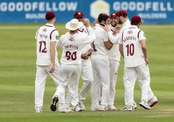 Ben Sanderson of Northamptonshire celebrates after taking the wicket of Adam Lyth of Yorkshire during day one of the LV= Insurance County...