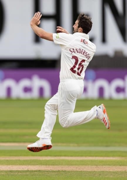 Ben Sanderson of Northamptonshire in delivery stride during day one of the LV= Insurance County Championship match between Northamptonshire and...