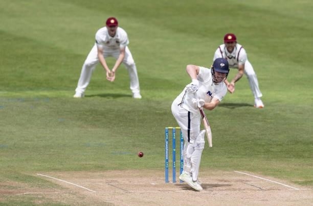 Gary Ballance of Yorkshire defends during day one of the LV= Insurance County Championship match between Northamptonshire and Yorkshire at The County...