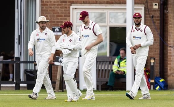 Ricardo Vasconcelos of Northamptonshire leads his side onto the field of play during day one of the LV= Insurance County Championship match between...