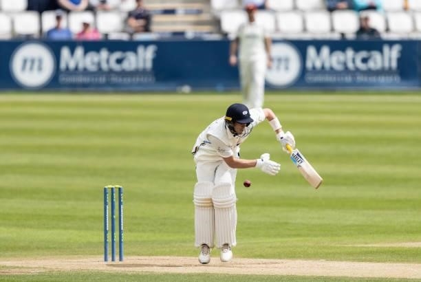 Sam Northeast of Yorkshire defends the first ball of his innings during day one of the LV= Insurance County Championship match between...