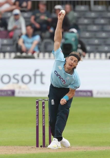England's Tom Curranbowls during the third one-day international between England and Sri Lanka at Bristol County Ground in south-west England on July...