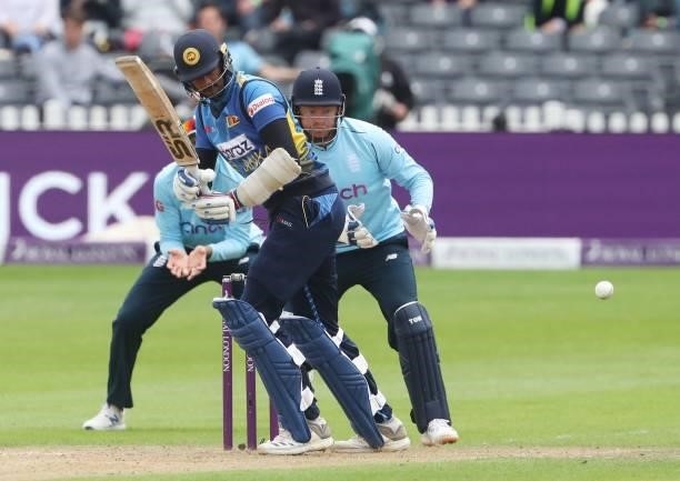 Sri Lanka's Binura Fernando bats during the third one-day international between England and Sri Lanka at Bristol County Ground in south-west England...