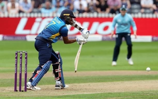 Sri Lanka's Dasun Shanaka bats eduring the third one-day international between England and Sri Lanka at Bristol County Ground in south-west England...