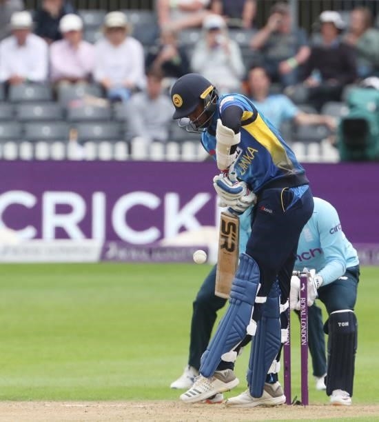 Sri Lanka's Binura Fernando bats during the third one-day international between England and Sri Lanka at Bristol County Ground in south-west England...