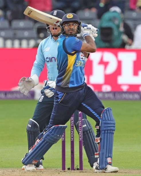 Sri Lanka's Dasun Shanaka bats during the third one-day international between England and Sri Lanka at Bristol County Ground in south-west England on...