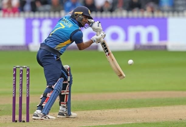 Sri Lanka's Dasun Shanaka bats during the third one-day international between England and Sri Lanka at Bristol County Ground in south-west England on...