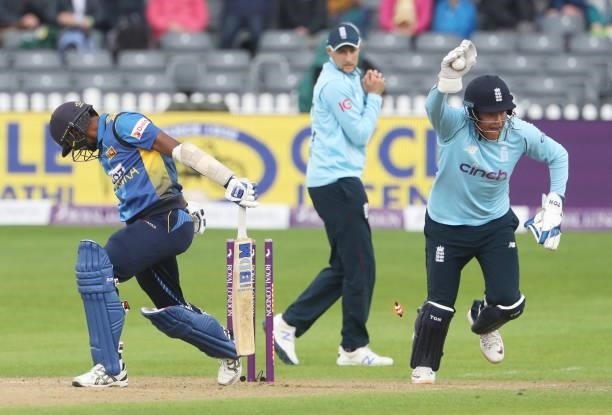 England's Jonny Bairstow celebrates dismissing Sri Lanka's Dushmantha Chameera during the third one-day international between England and Sri Lanka...