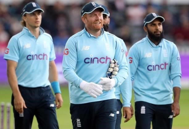 England's Jonny Bairstow celebrates taking the final wicket during the third one-day international between England and Sri Lanka at Bristol County...