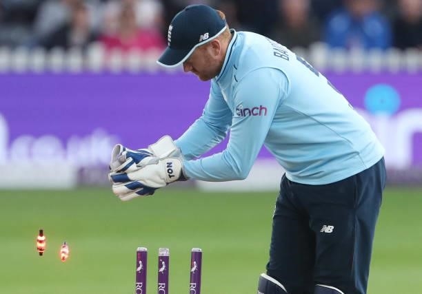 England's Jonny Bairstow takes the final wicket during the third one-day international between England and Sri Lanka at Bristol County Ground in...