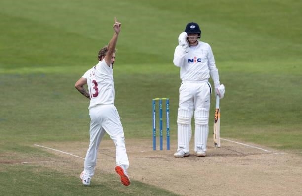 Gareth Berg of Northamptonshire celebrates after taking the wicket of Dominic Bess of Yorkshire during day one of the LV= Insurance County...