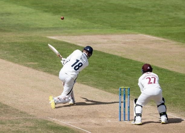 George Hill of Yorkshire hits the ball over the boundary for six during day one of the LV= Insurance County Championship match between...