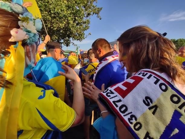 England and Ukrainian fans arrive at the stadium before the Euro 2020 Ukraine vs England match in Rome, Italy, 3 July 2021.