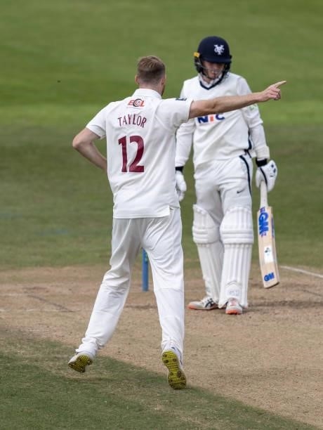 Tom Taylor of Northamptonshire celebrates after taking the wicket of Harry Duke of Yorkshire, lbw, during day one of the LV= Insurance County...