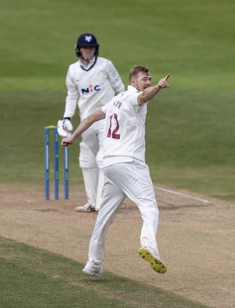 Tom Taylor of Northamptonshire celebrates after taking the wicket of Harry Duke of Yorkshire, lbw, during day one of the LV= Insurance County...