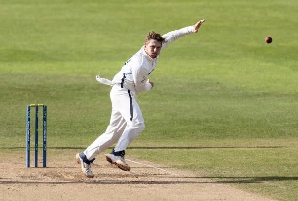 Dominic Bess of Yorkshire in delivery stride during day one of the LV= Insurance County Championship match between Northamptonshire and Yorkshire at...