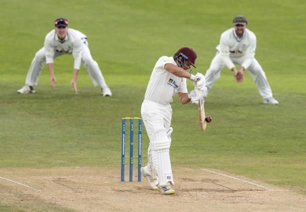Ricardo Vasconcelos of Northamptonshire hits the ball to the boundary for four during day one of the LV= Insurance County Championship match between...