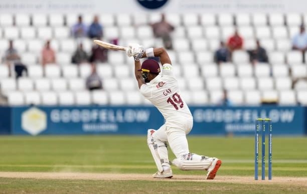 Emilio Gay of Northamptonshire drives during day one of the LV= Insurance County Championship match between Northamptonshire and Yorkshire at The...