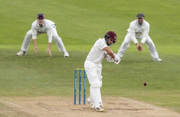 Ricardo Vasconcelos of Northamptonshire hits the ball to the boundary for four during day one of the LV= Insurance County Championship match between...