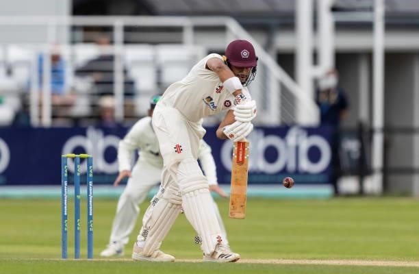 Emilio Gay of Northamptonshire defends during day one of the LV= Insurance County Championship match between Northamptonshire and Yorkshire at The...