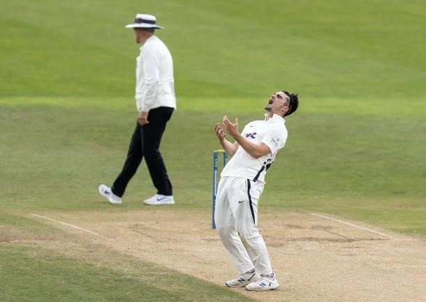 Jordan Thompson of Yorkshire rues a near miss during day one of the LV= Insurance County Championship match between Northamptonshire and Yorkshire at...