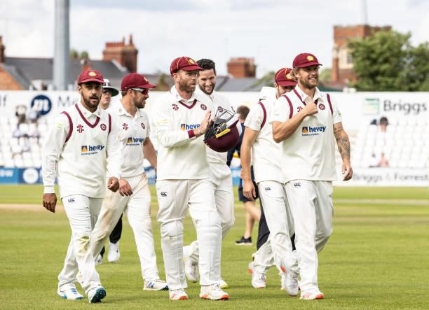 Northamptonshire players leave the field at the end of the Yorkshire first innings during day one of the LV= Insurance County Championship match...