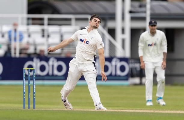 Jordan Thompson of Yorkshire in delivery stride during day one of the LV= Insurance County Championship match between Northamptonshire and Yorkshire...