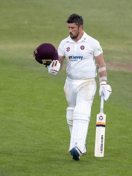 Simon Kerrigan of Northamptonshire in dismay after being given out caught to a ball that appeared to strike his helmet only during day one of the LV=...