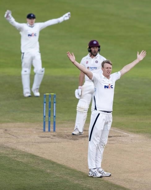 Steven Patterson of Yorkshire successfully appeals to the umpire for the wicket of Simon Kerrigan of Northamptonshire during day one of the LV=...
