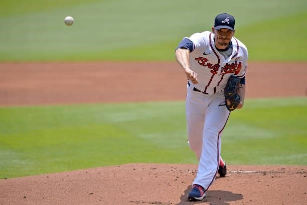 Charlie Morton of the Atlanta Braves pitches in the first inning against the Florida Marlins at Truist Park on July 4, 2021 in Atlanta, Georgia.