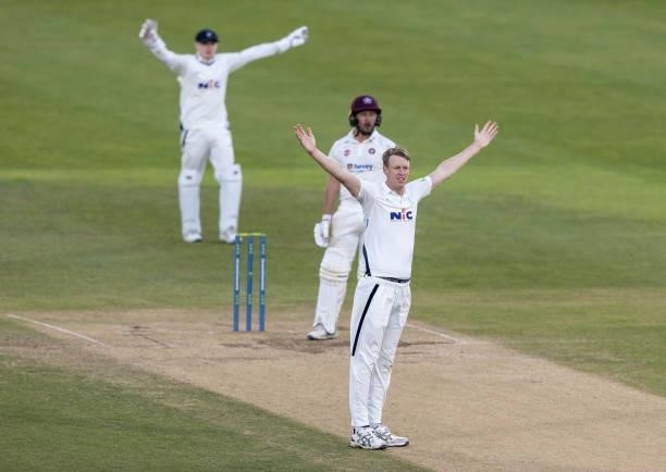 Steven Patterson of Yorkshire successfully appeals to the umpire for the wicket of Simon Kerrigan of Northamptonshire during day one of the LV=...