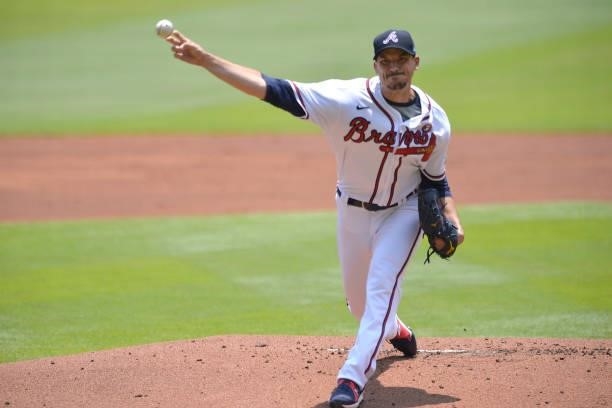 Charlie Morton of the Atlanta Braves pitches in the first inning against the Florida Marlins at Truist Park on July 4, 2021 in Atlanta, Georgia.