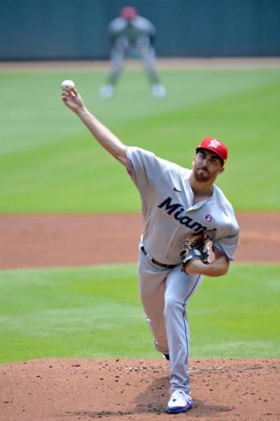 Zach Thompson of the Miami Marlins pitches in the first inning against the Atlanta Braves at Truist Park on July 4, 2021 in Atlanta, Georgia.