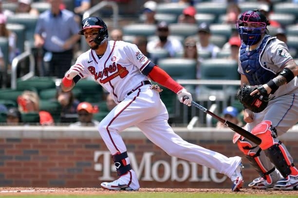 Orlando Arcia of the Atlanta braves grounds out to end the fourth inning against the Miami Marlins at Truist Park on July 4, 2021 in Atlanta, Georgia.
