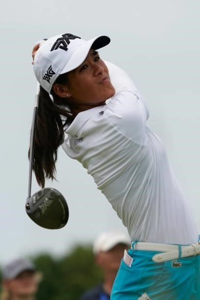 Celine Boutier of France tees off on the first hole during the final round of the Volunteers of America Classic at the Old American Golf Club on July...