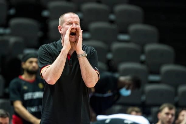 Germanys head coach Henrik Rodl reacting during the 2020 FIBA Men's Olympic Qualifying Tournament final between Germany and Brazil at Spaladium Arena...