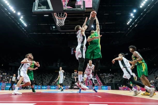 Leonardo Meindl of Brazil shooting the ball during the 2020 FIBA Men's Olympic Qualifying Tournament final between Germany and Brazil at Spaladium...