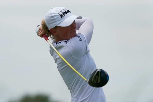 Stacy Lewis tees off on the first hole during the final round of the Volunteers of America Classic at the Old American Golf Club on July 4, 2021 in...