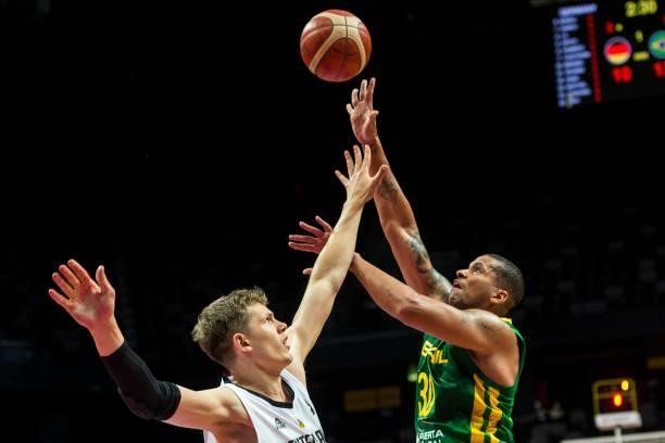Alex Garcia of Brazil taking a shot during the 2020 FIBA Men's Olympic Qualifying Tournament final between Germany and Brazil at Spaladium Arena on...