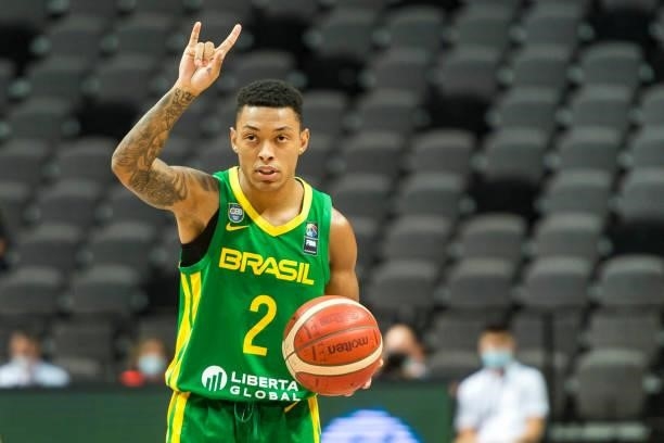 Yago Santos of Brazil reacting during the 2020 FIBA Men's Olympic Qualifying Tournament final between Germany and Brazil at Spaladium Arena on July...