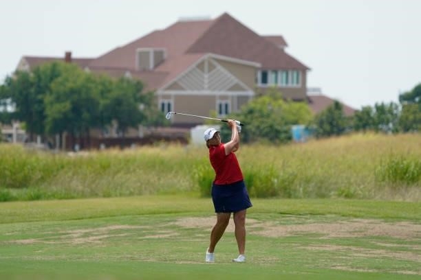 Angela Stanford hits to the first hole during the final round of the Volunteers of America Classic at the Old American Golf Club on July 4, 2021 in...