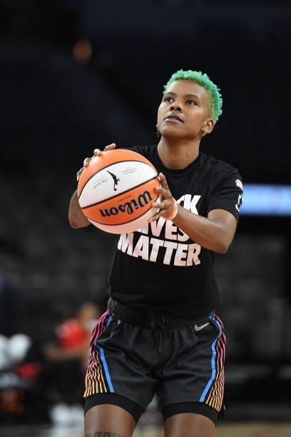 Courtney Williams of the Atlanta Dream warms up before the game against the Las Vegas Aces on July 4, 2021 at Michelob ULTRA Arena in Las Vegas,...