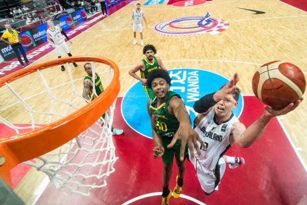 Moritz Wagner of Germany making a layup during the 2020 FIBA Men's Olympic Qualifying Tournament final between Germany and Brazil at Spaladium Arena...