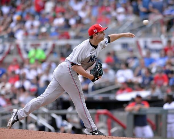 Richard Bleier of the Miami Marlins pitches in the seventh inning against the Atlanta Braves at Truist Park on July 4, 2021 in Atlanta, Georgia.