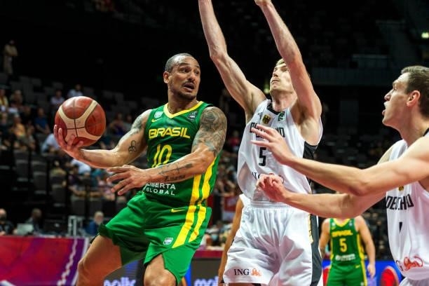 Alex Garcia of Brazil passing the ball during the 2020 FIBA Men's Olympic Qualifying Tournament final between Germany and Brazil at Spaladium Arena...