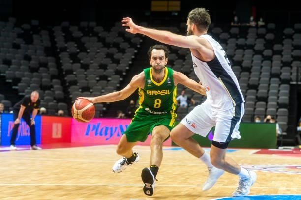 Vitor Benite of Brazil dribbling the ball during the 2020 FIBA Men's Olympic Qualifying Tournament final between Germany and Brazil at Spaladium...