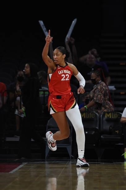 Ja Wilson of the Las Vegas Aces reacts to a play during the game against the Atlanta Dream on July 4, 2021 at Michelob ULTRA Arena in Las Vegas,...