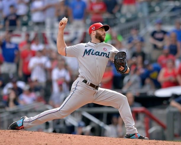 Anthony Bass of the Miami Marlins pitches in the tenth inning against the Atlanta Braves at Truist Park on July 4, 2021 in Atlanta, Georgia.