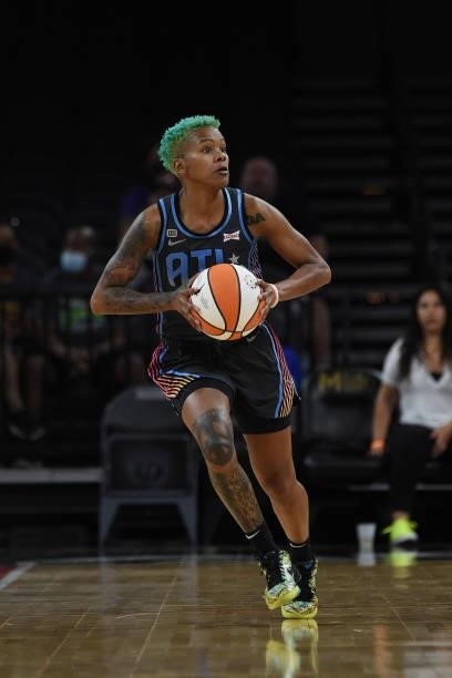 Courtney Williams of the Atlanta Dream looks to pass the ball against the Las Vegas Aces on July 4, 2021 at Michelob ULTRA Arena in Las Vegas,...