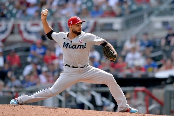 Yimi García of the Miami Marlins pitches in the ninth inning against the Atlanta Braves at Truist Park on July 4, 2021 in Atlanta, Georgia.
